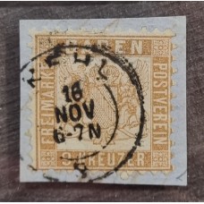 ALEMANIA 1862 ESTADO DE BADEN Yv 15a HERMOSA ESTAMPILLA EN FRAGMENTO CON MATASELLO KEHL PERFECTAMENTE APLICADO ESTUPENDA PIEZA DE GRAN CALIDAD 275 EUROS